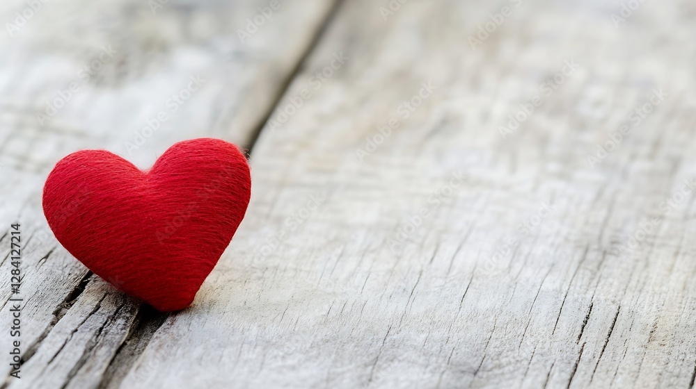Aufkleber Charming closeup of a soft red heart made from fabric resting on weathered wooden surface : Generative AI