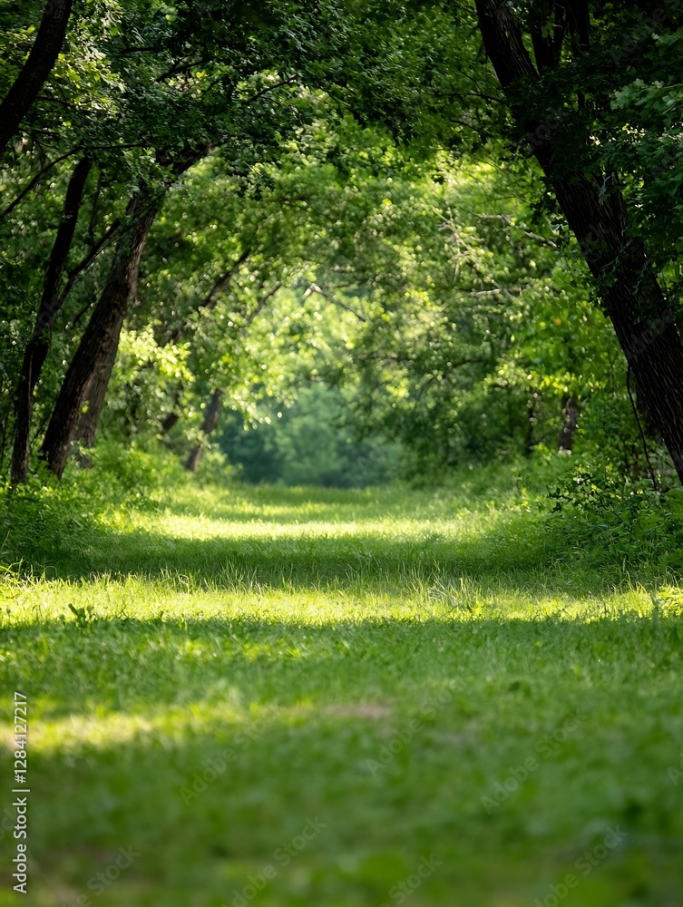Aufkleber serene pathway through a lush green forest surrounded by tall trees and vibrant foliage : generative