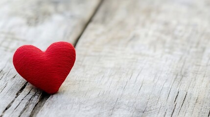 Fototapeta premium Charming closeup of a soft red heart made from fabric resting on weathered wooden surface : Generative AI