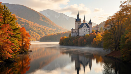 Obraz premium Majestic castle reflecting in river surrounded by autumn forest, tranquility