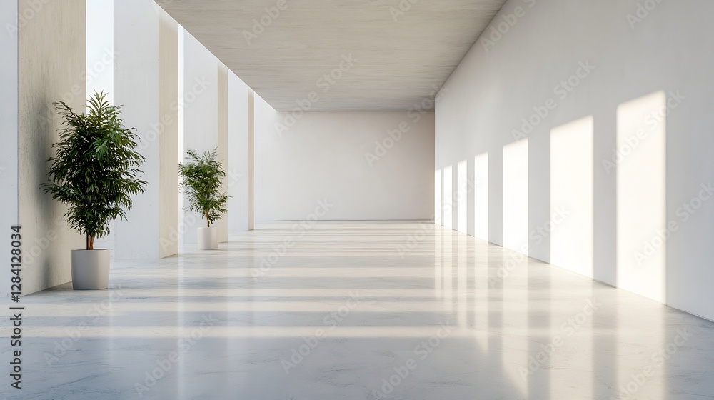 Leinwandbilder Minimalistic interior design featuring bright empty space with plants casting shadows on pristine white walls : Generative AI