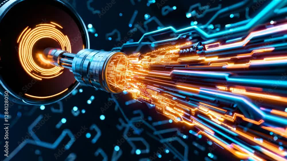 Poster neon pulses illuminate advanced telecommunications hardware. metal connectors channel binary data th