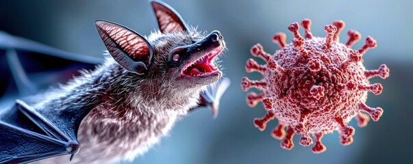 Obraz premium Bat virus concept. Hybrid digital artwork of a bat morphing into a virus, surreal medical illustration, depicting mutation and crossspecies transmission