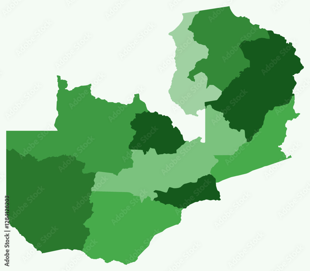 Poster map of zambia with regions. just a simple country border map with region division. green color palet