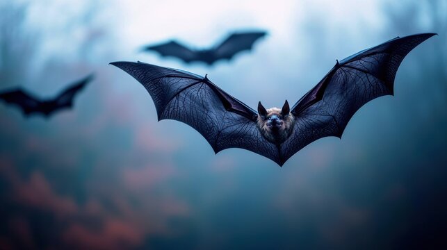 Bat virus concept. Motion blur of bats flying through a misty cave, symbolizing the unknown origins of viral outbreaks, mysterious and cinematic