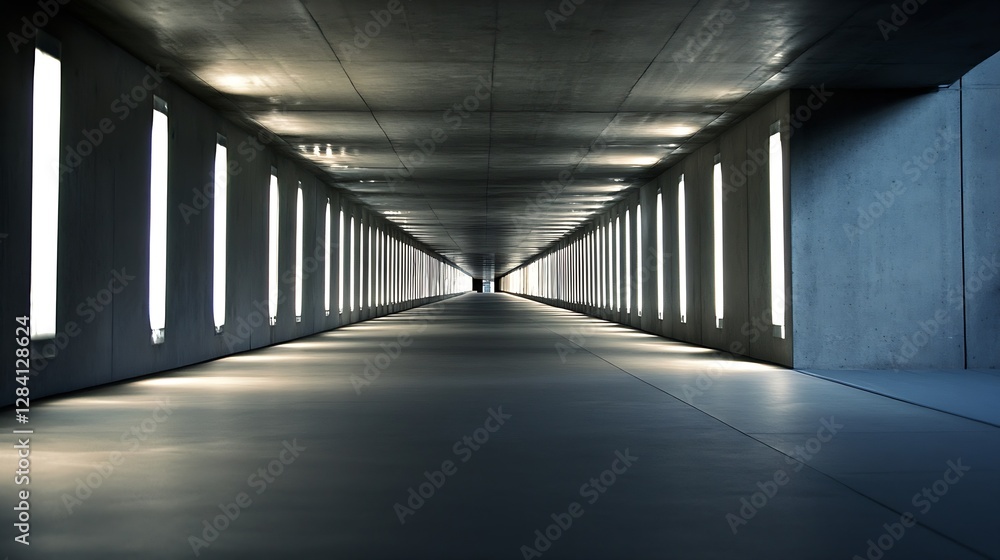 Poster Modern empty concrete tunnel illuminated by bright lights creating a striking architectural perspective : Generative AI