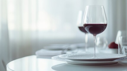 A sleek dining setup with a glass of red wine and a gourmet meal. Featuring moderate drinking and fine dining