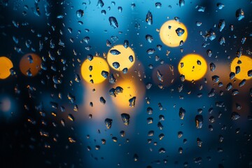 Naklejka premium Raindrops on window creating a blurred urban atmosphere with glowing lights at dusk