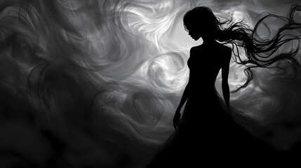 Creepy silhouette of a woman turning to the camera in darkness, eerie and foreboding ambiance, shadowy and unsettling scene. Eerie Veil of the Unknown. Illustration