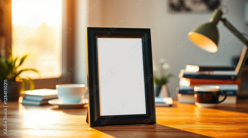 Poster blank frame on a desk. add your image or message. workspace with coffee, lamp and books.
