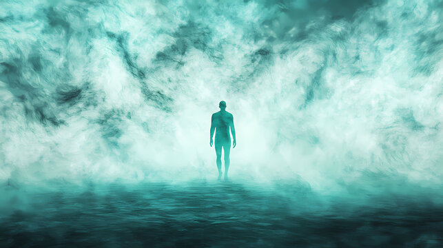 Enigmatic figure in teal mist: a surreal digital art. Eerie Veil of the Unknown. Illustration