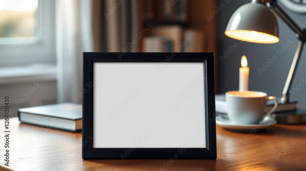 Poster framed blank display on a desk, inviting customization and personal expression.