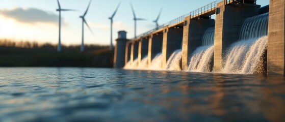 A 3D render of a large water dam with cascading water, set against a soft, light blue background. 
