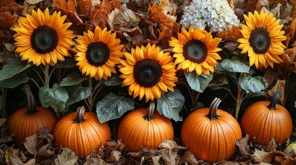 Harvest celebration sunflowers and pumpkins in autumn outdoor arrangement warm colors seasonal vibes