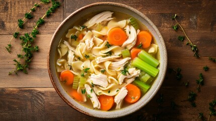 A flatlay photograph looking down on a bowl of chicken noodle soup with carrots and celery in a ceramic bowl on a wooden table