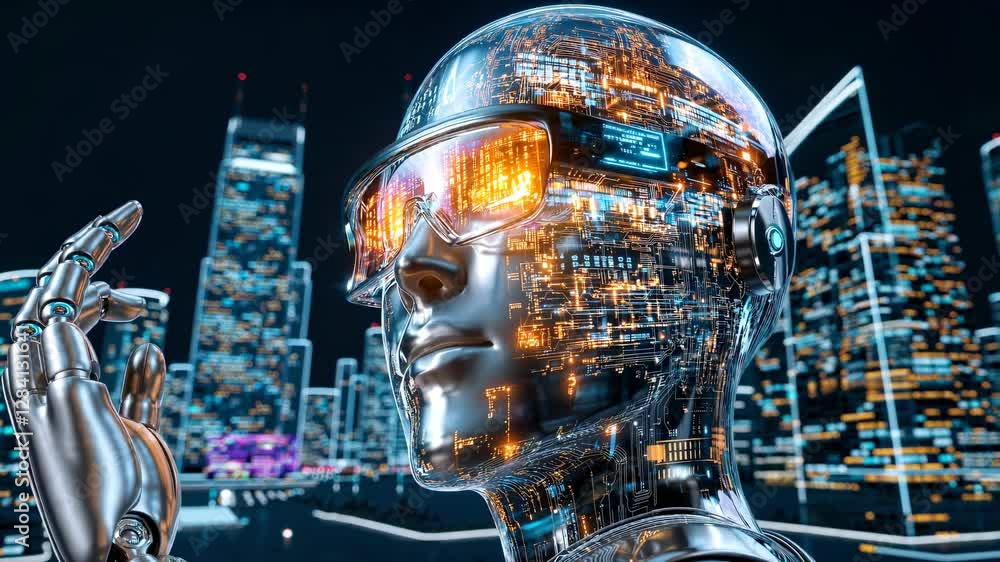 Poster digital circuitry glows through translucent android features. mechanical being wears augmented heads