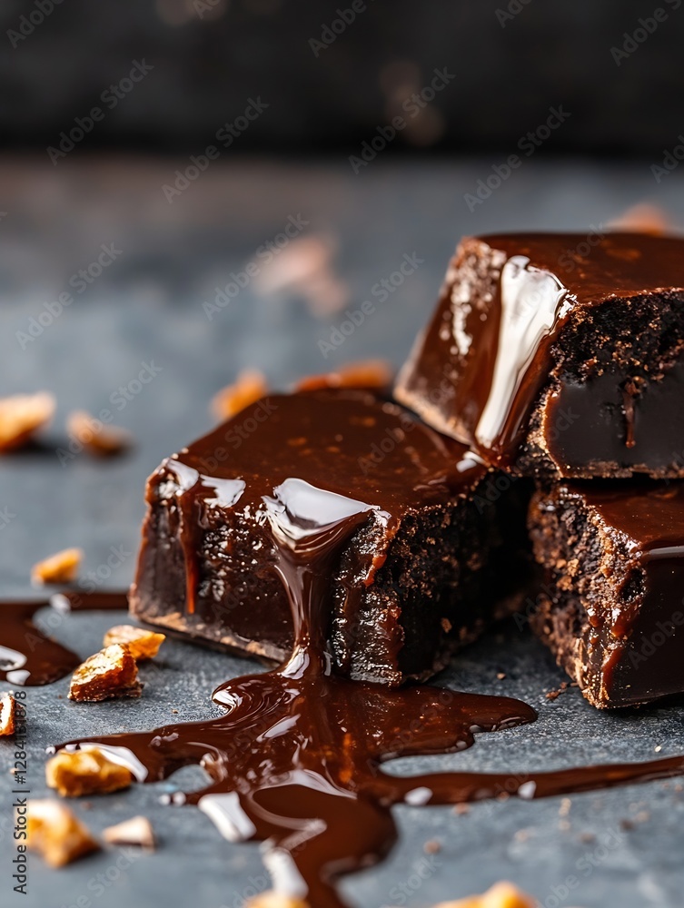 Poster decadent chocolate squares melted into a rich sauce garnished with crunchy nuts on a dark background