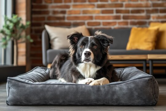 A beautiful border collie resting comfortably on a bed indoors