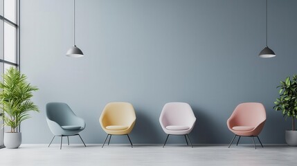 A stylish openconcept office with giant eggshaped seating pods in pastel hues