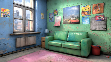 Child's room, urban view, worn furniture, posters