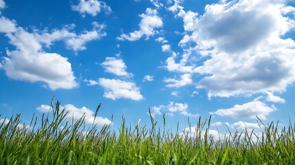 Expansive view of lush green grassland under a bright blue sky dotted with fluffy clouds : Generative AI
