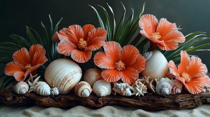 Tropical hibiscus flowers and seashells arrangement coastal decor nature indoor aesthetic serenity