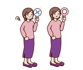 マルバツの札を持っている高齢女性のイラスト