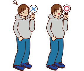 マルバツの札を持っている男性のイラスト