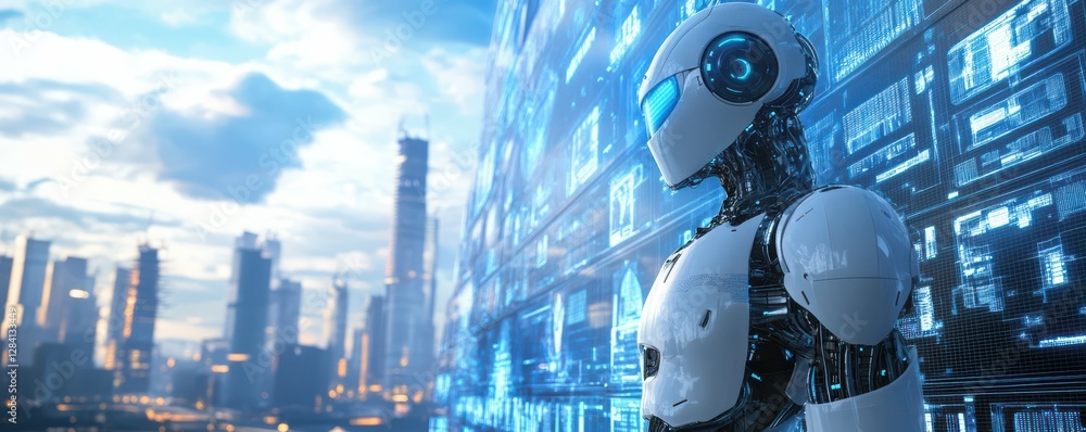 Poster futuristic robot overlooking cityscape with digital interface