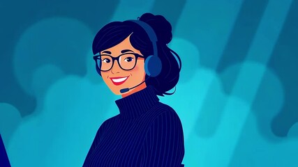 Cheerful woman with headset working on a computer, surrounded by soft blue lighting, promoting remote work