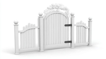 White Wooden Picket Fence with Archway Gate Isolated on a White Background