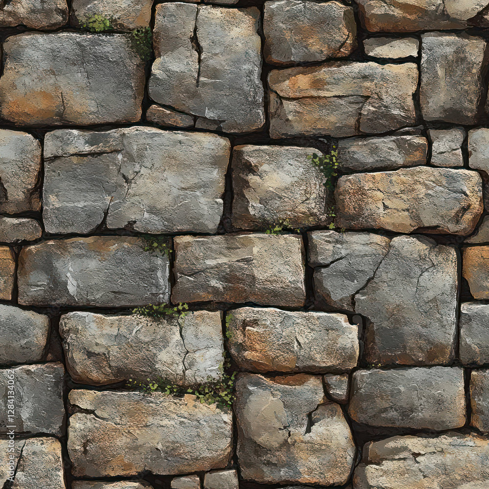 Poster seamless stone wall texture with small plants . seamless pattern. repeating pattern.