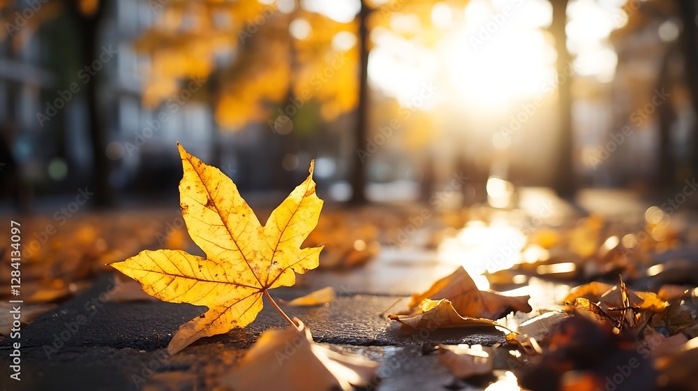 Poster golden autumn leaf resting on the pavement illuminated by sunlight during a peaceful fall evening : 