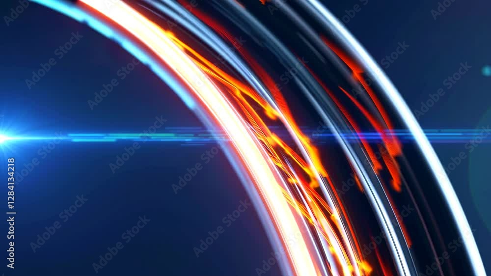 Poster light streams pulsate with digital intelligence. curved beams of orange and blue energy form intrica