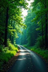 Obraz premium A winding road passes through a lush green forest, road, forest road, wilderness
