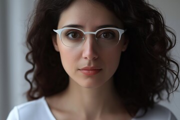 Obraz premium Person with glasses looks confidently at the camera, surrounded by soft lighting that highlights their focus and clarity