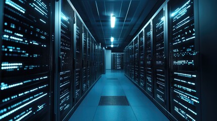 Obraz premium A Server Room Shows Data Processing Technologies Inside Buildings