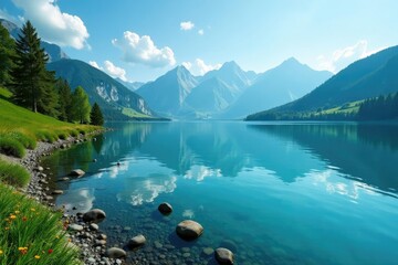 Azure waters reflect serene Bavarian landscape with Alps in distance, Landschaften, Berge