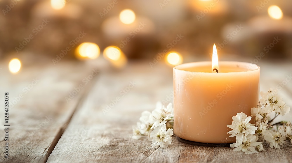 Poster Softly glowing candle surrounded by delicate flowers on a rustic wooden table creating a warm ambiance : Generative AI