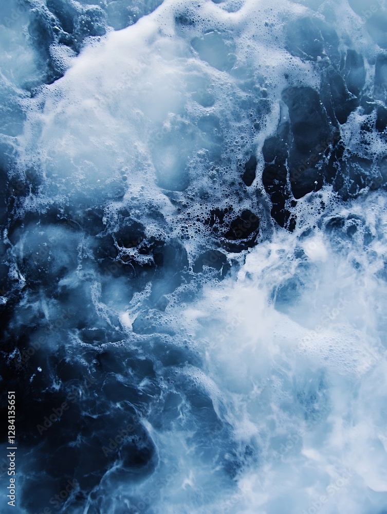 Aufkleber dynamic closeup of ocean waves with frothy white bubbles contrasting dark water : generative ai