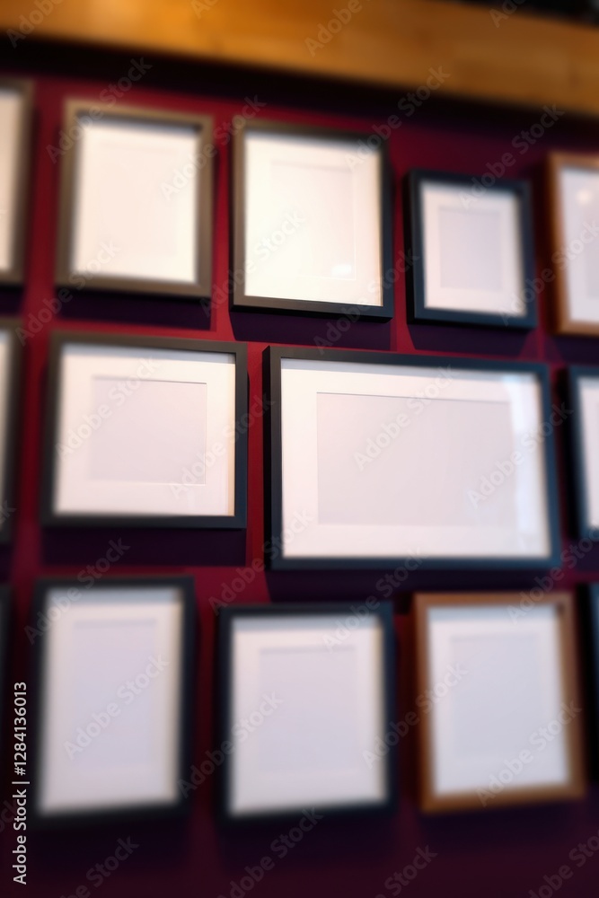Aufkleber display of many empty picture frames of various sizes in a symmetrical arrangement against a dark wa