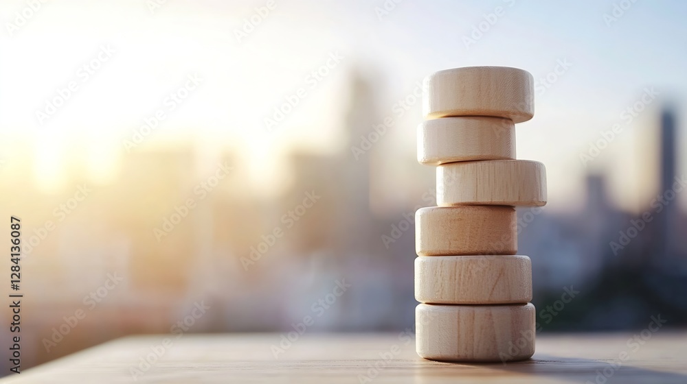 Poster Stack of wooden blocks with soft sunlight and blurred city background showcasing simplicity and balance : Generative AI