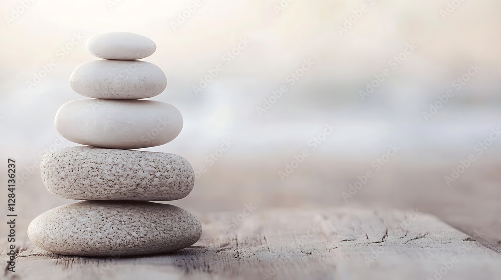 Aufkleber Stack of smooth pebbles on a wooden surface with a gentle backdrop of blurred light representing tranquility : Generative AI