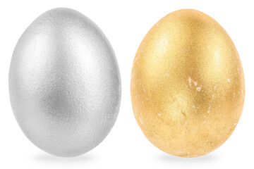Gold and silver shiny Easter eggs isolated on white background. Easter decoration