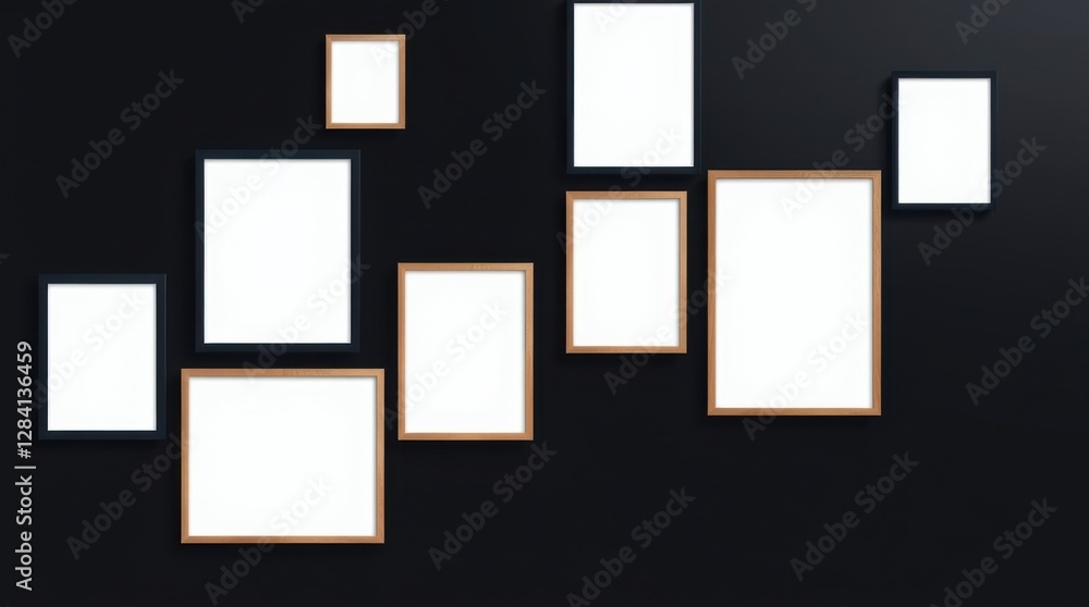 Poster blank frames: an assortment of empty picture frames of varied sizes and colors hang against dark bac