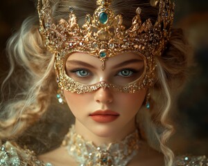 Venice Carnival participant dressed as a regal queen, golden tiara and jeweled mask 