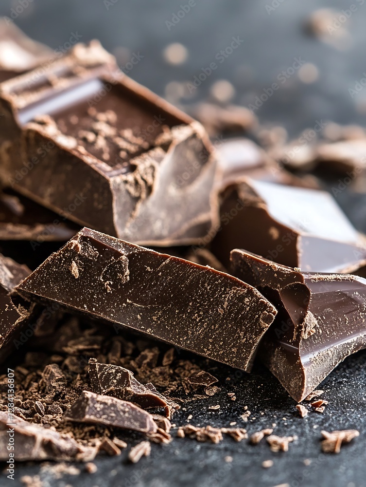 Poster close up of rich dark chocolate broken into pieces against a textured background : generative ai