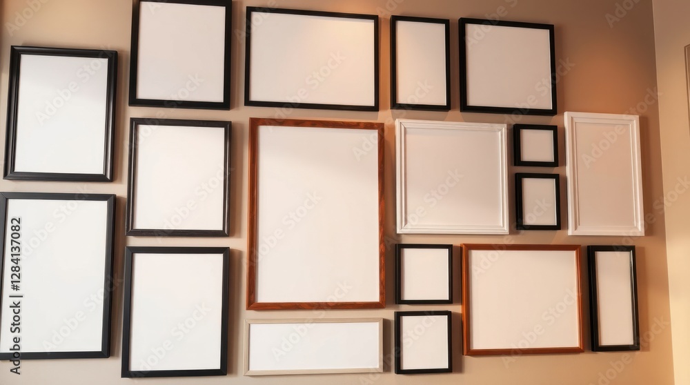 Aufkleber collection of diverse empty frames on a neutral wall, offering a modern and customizable display opt
