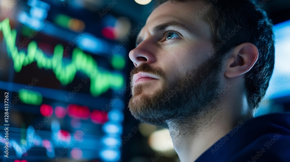 Poster Focused young man analyzing financial data on a monitor with dynamic charts and graphs in a modern office environment : Generative AI