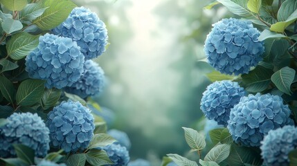 Blooming blue hydrangeas in a serene garden setting nature photography gentle light tranquil atmosphere